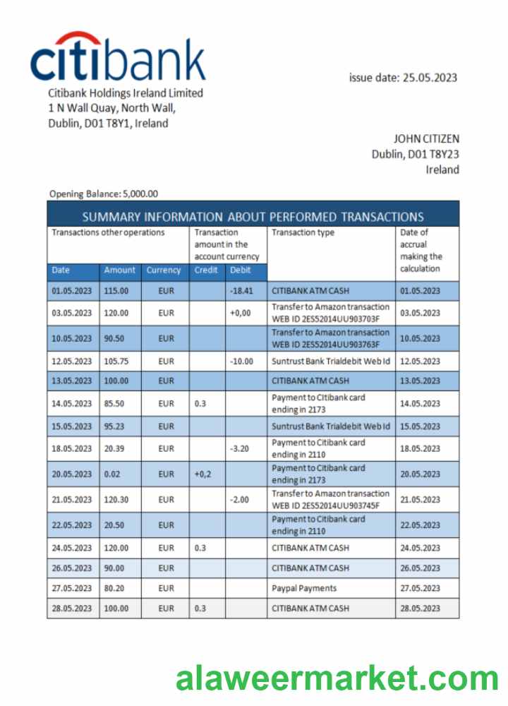 Ireland Citibank bank statement Word and PDF template